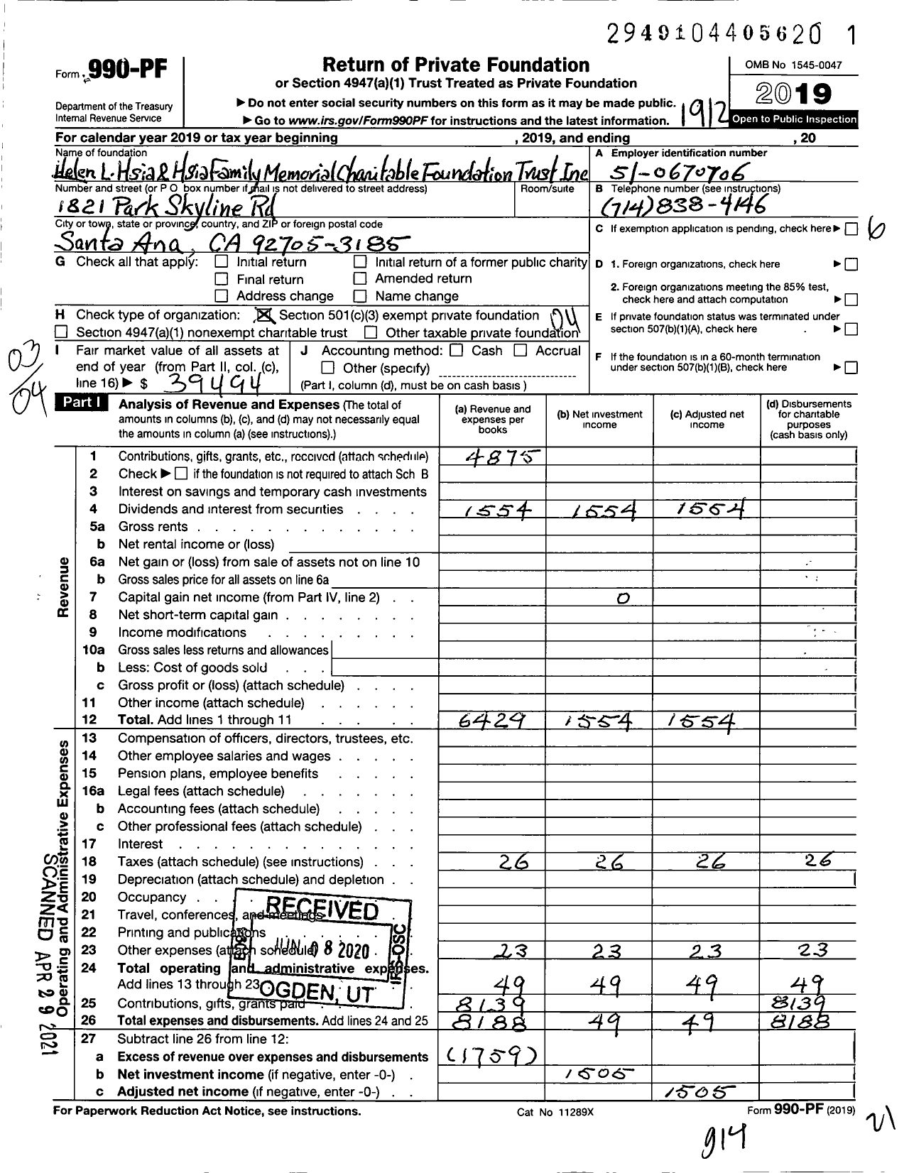 Image of first page of 2019 Form 990PF for Helen L Hsia and Hsia Family Memorial Charitable Foundation Trust