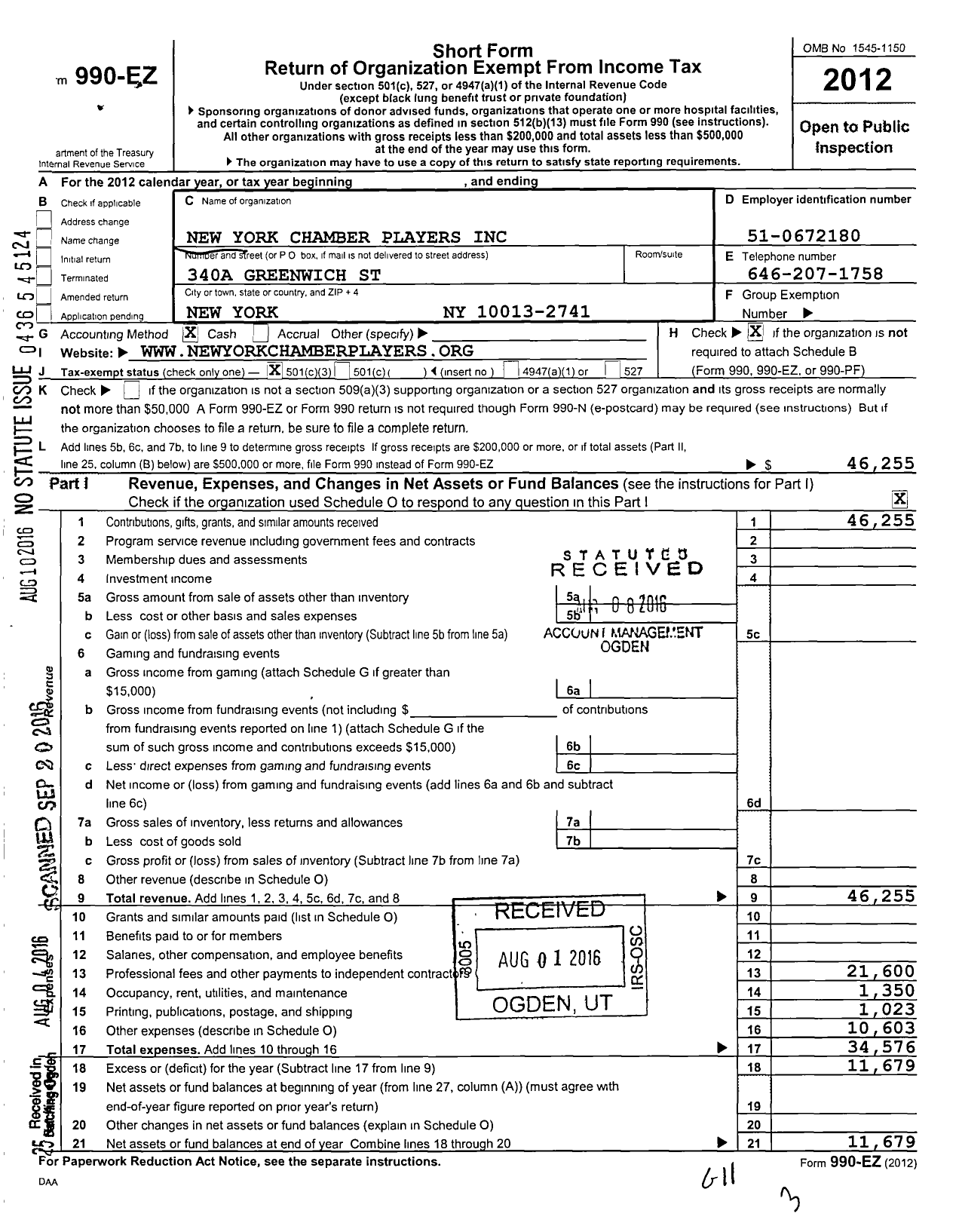 Image of first page of 2012 Form 990EZ for New York Chamber Players