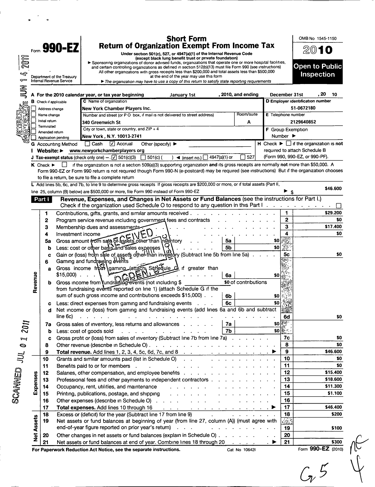 Image of first page of 2010 Form 990EZ for New York Chamber Players