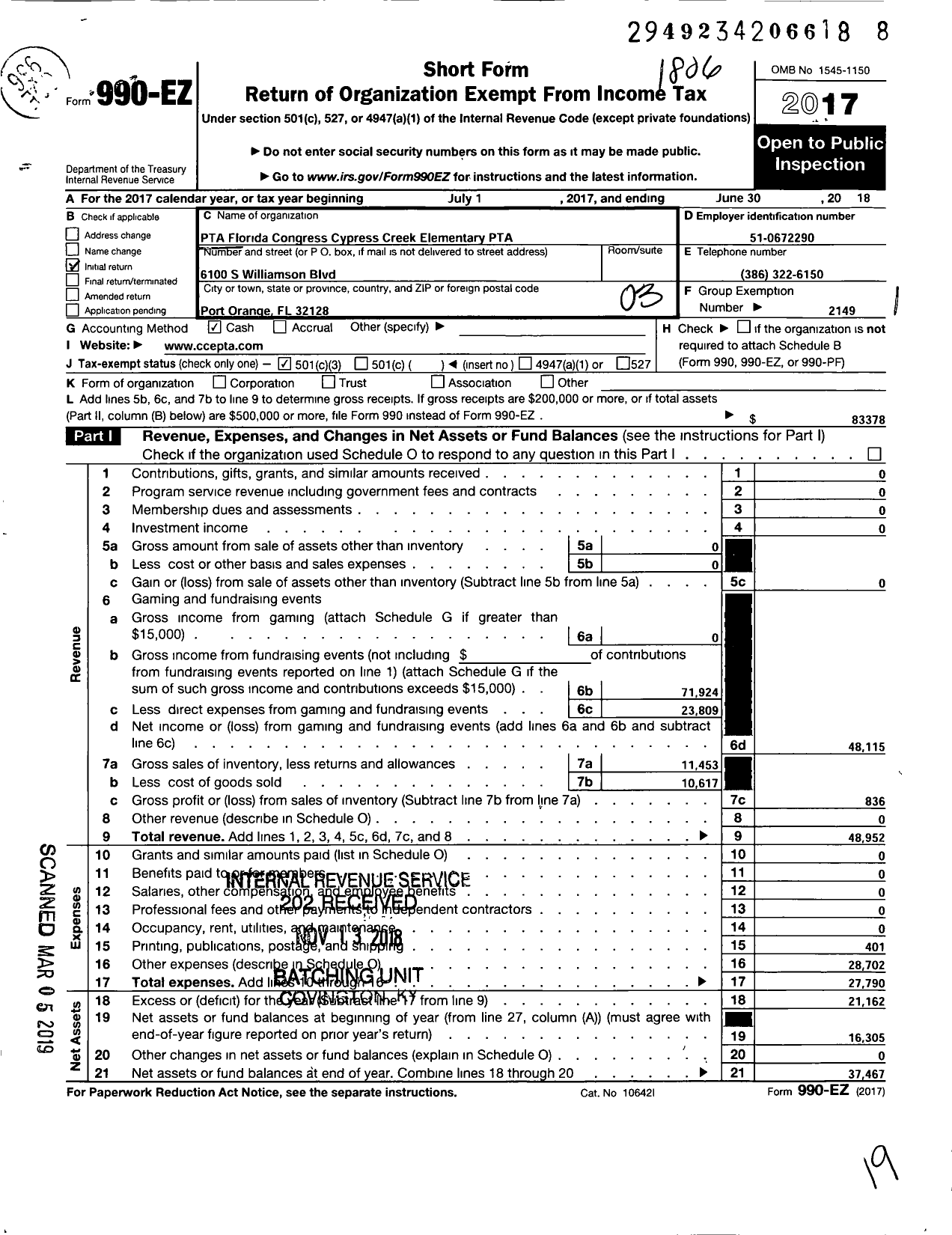 Image of first page of 2017 Form 990EZ for PTA Florida Congress - Cypress Creek Elementary PTA