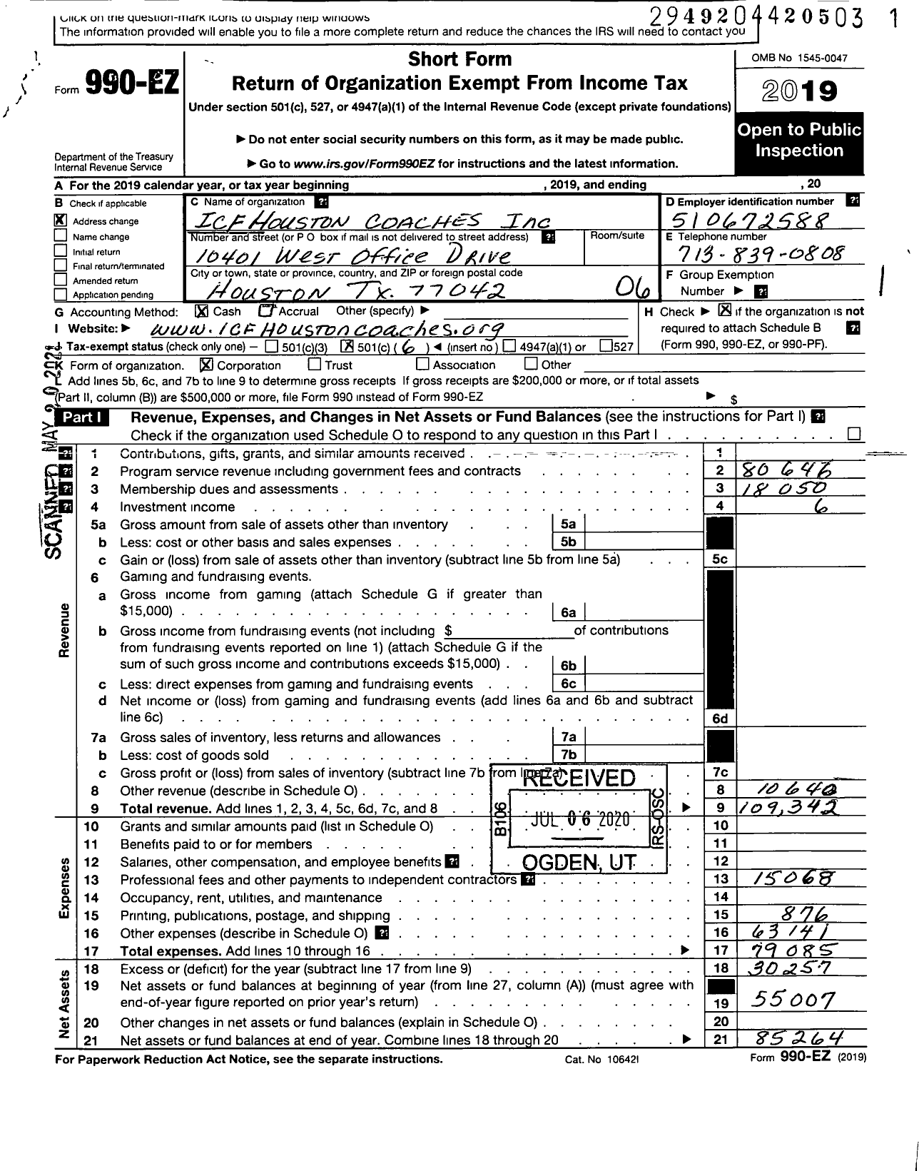 Image of first page of 2019 Form 990EO for Houston Coaches