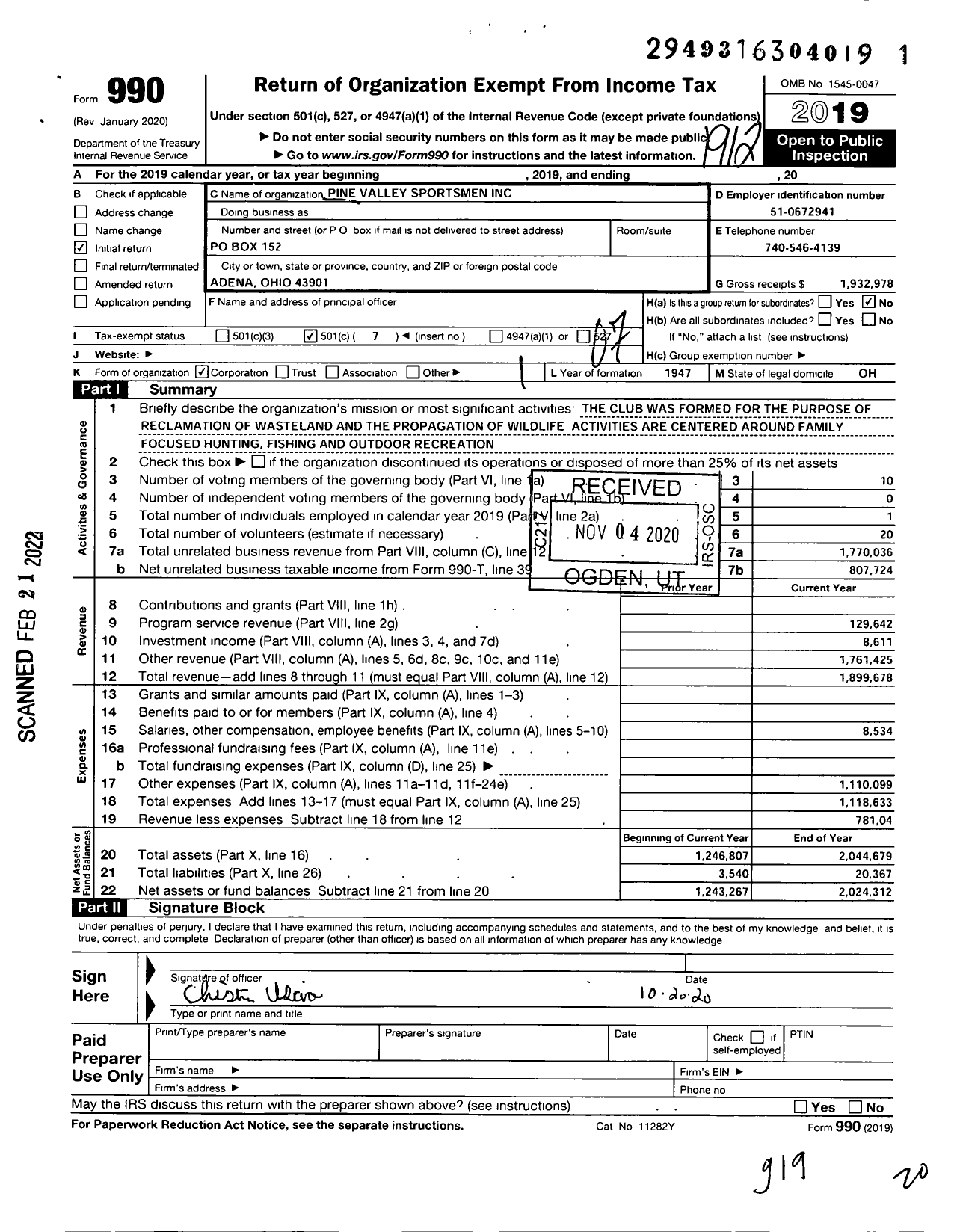 Image of first page of 2019 Form 990O for Pine Valley Sportsmen