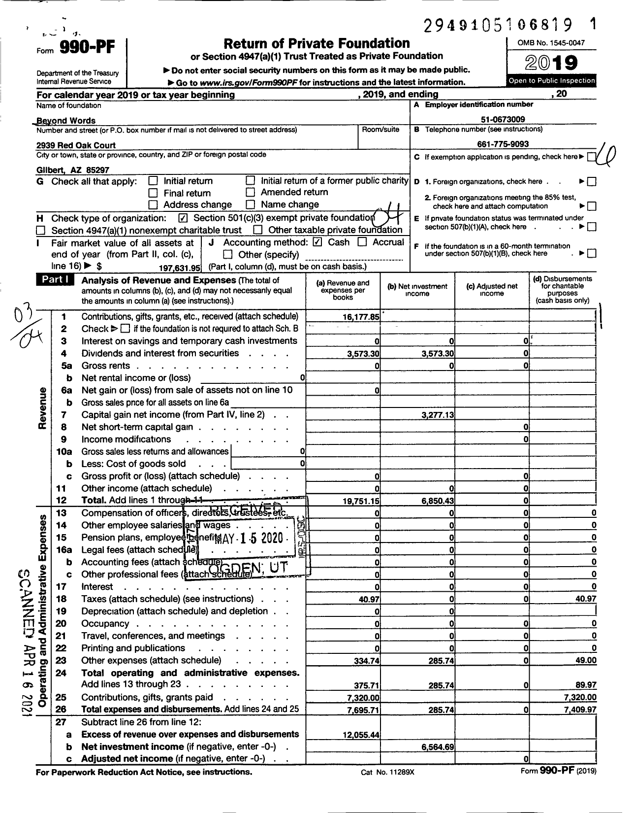 Image of first page of 2019 Form 990PF for Beyond Words