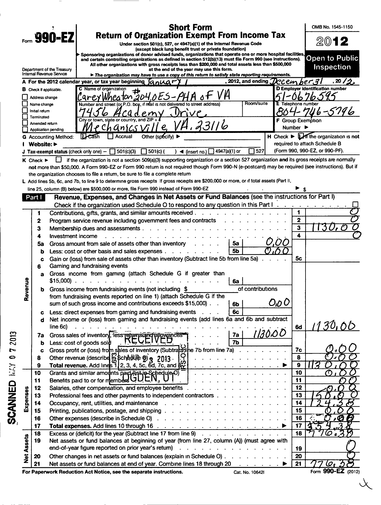 Image of first page of 2012 Form 990EO for Grand Order of the Eastern Star of Virginia Pha - 204 Carey Wheaton Chapter