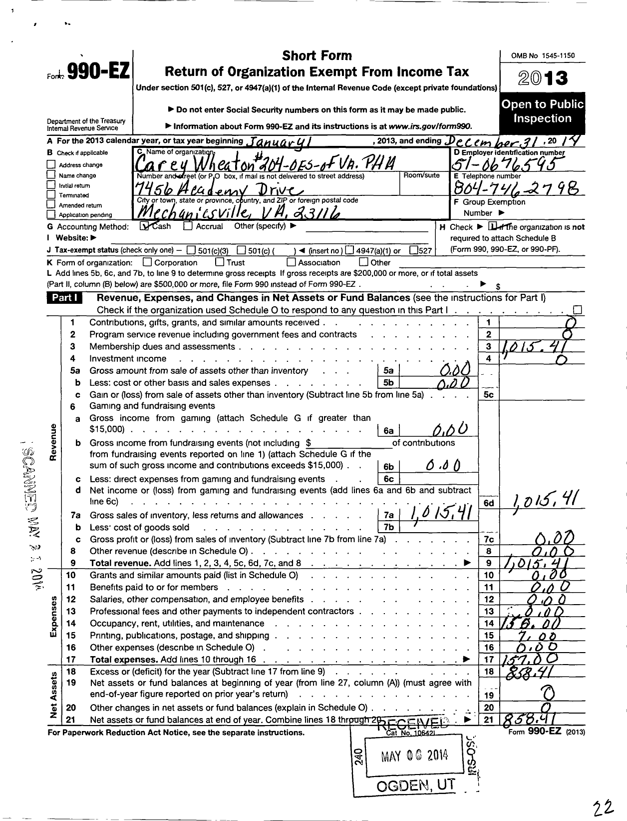 Image of first page of 2014 Form 990EO for Grand Order of the Eastern Star of Virginia Pha - 204 Carey Wheaton Chapter