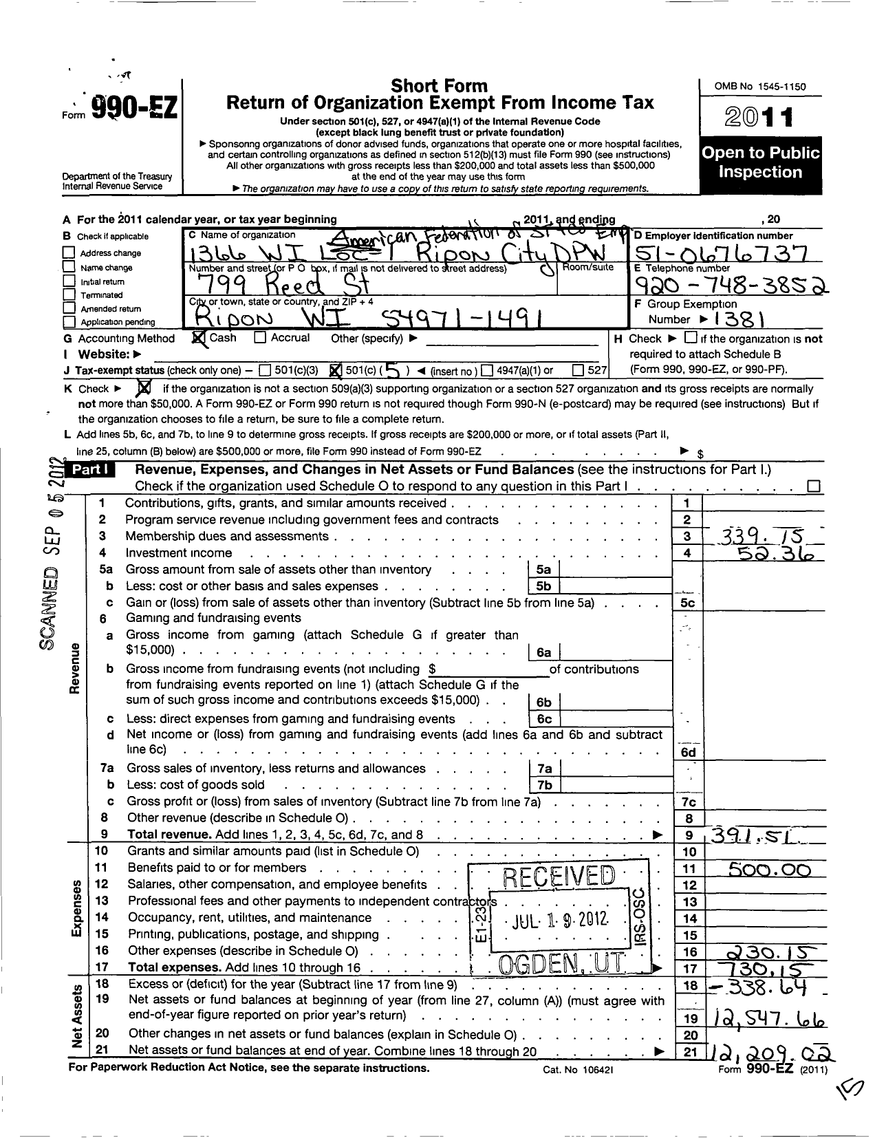 Image of first page of 2011 Form 990EO for American Federation of State County & Municipal Employees - L1366wi City of Ripon Public W