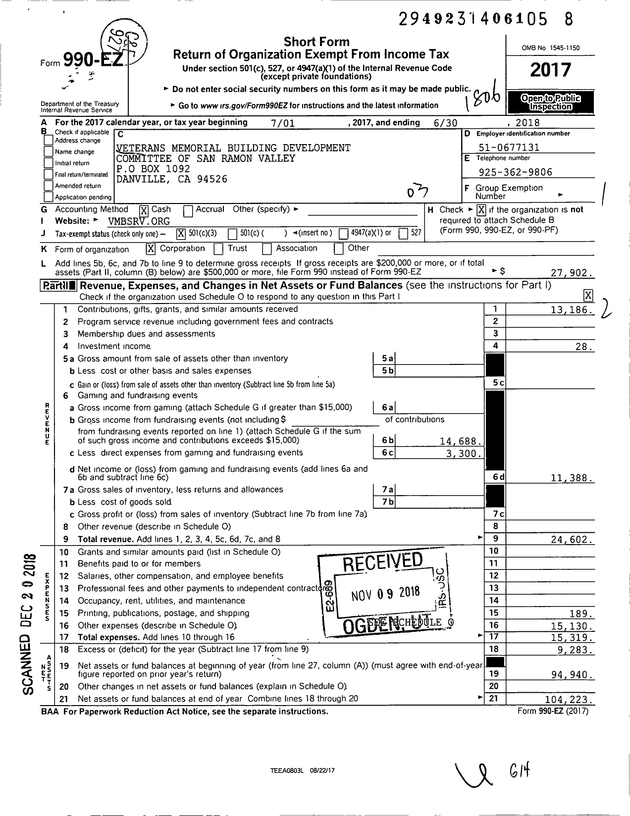 Image of first page of 2017 Form 990EZ for Veterans Memorial Building Development Comm of San Ramon Valley