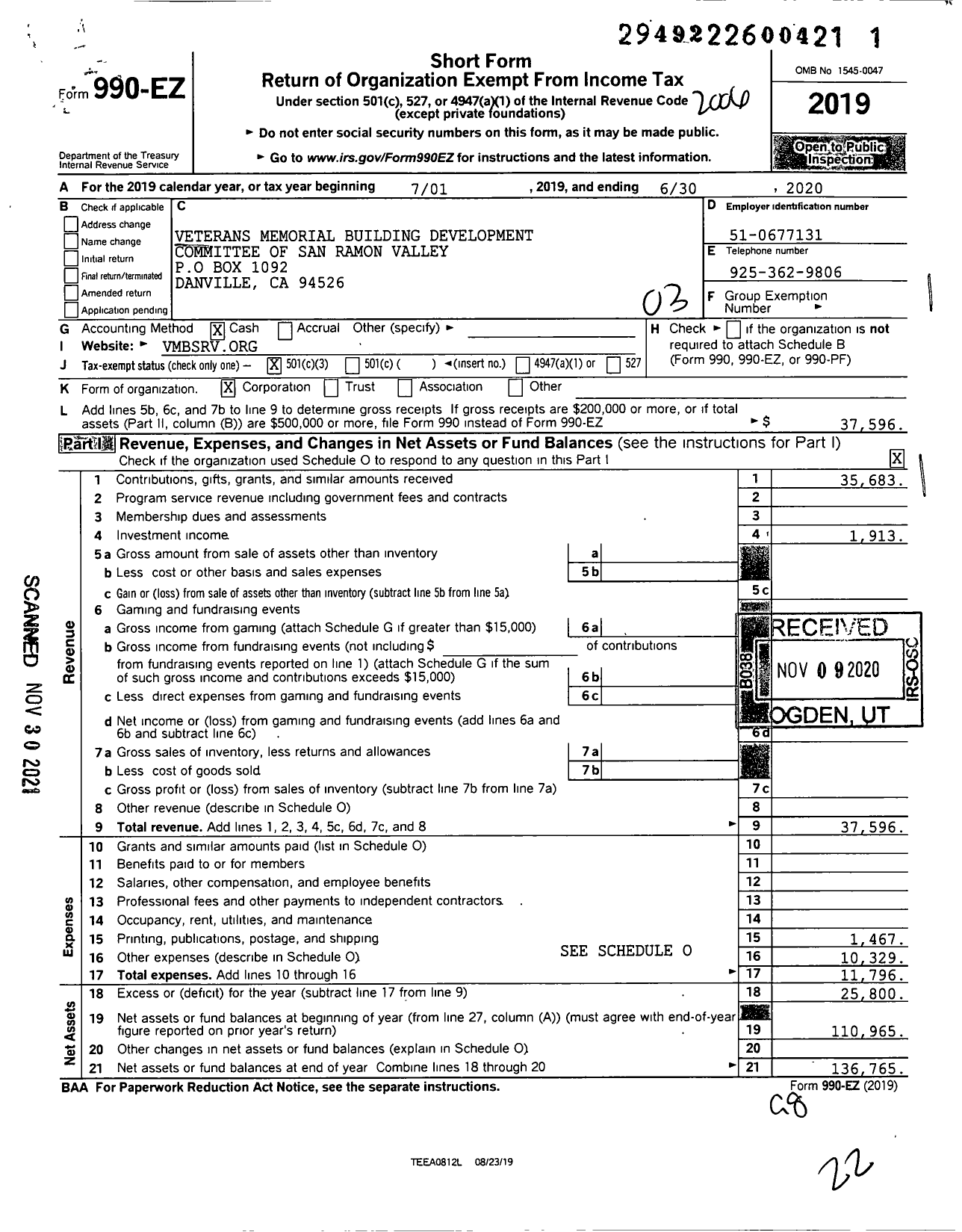 Image of first page of 2019 Form 990EZ for Veterans Memorial Building Development Comm of San Ramon Valley