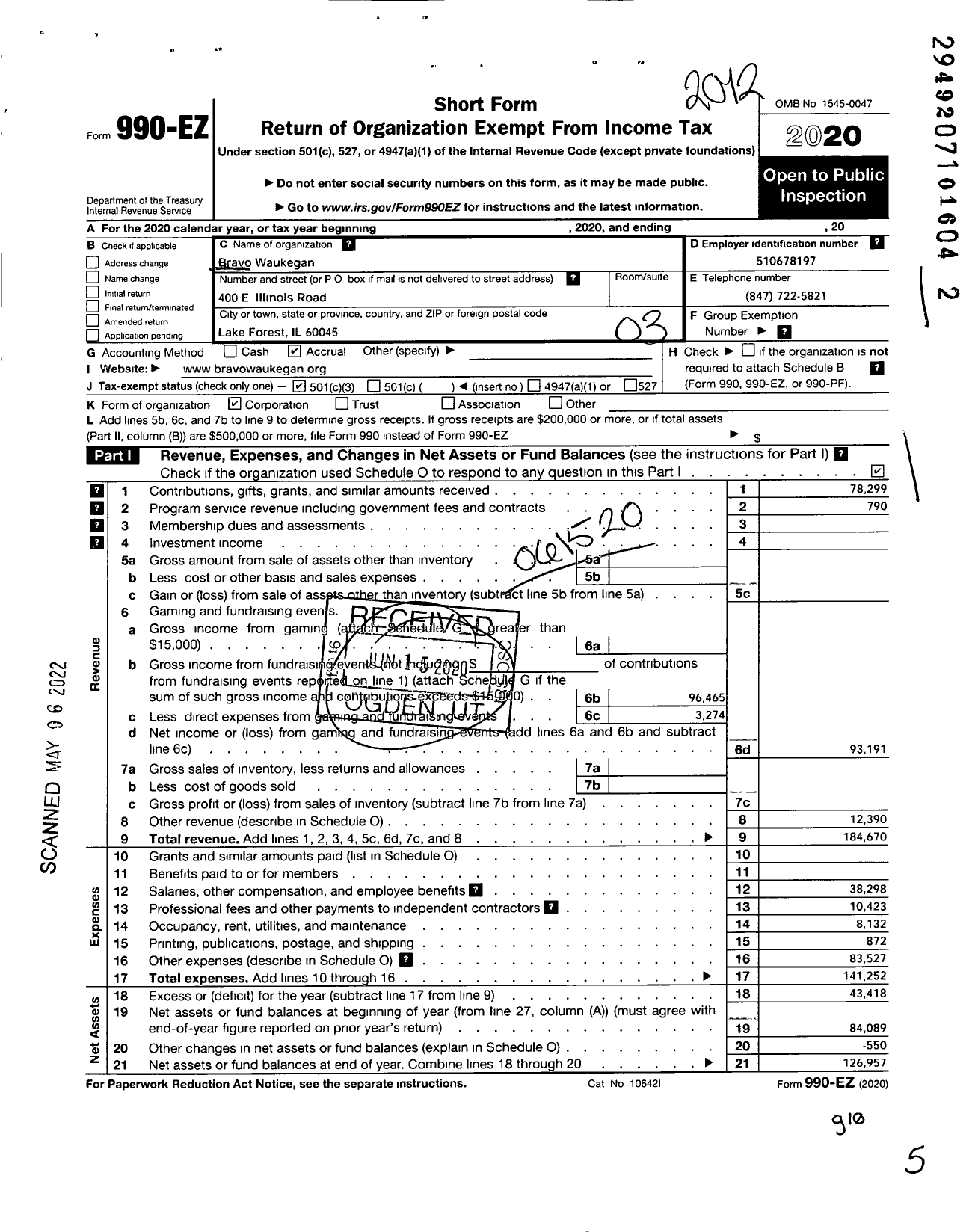 Image of first page of 2020 Form 990EZ for Bravo Waukegan