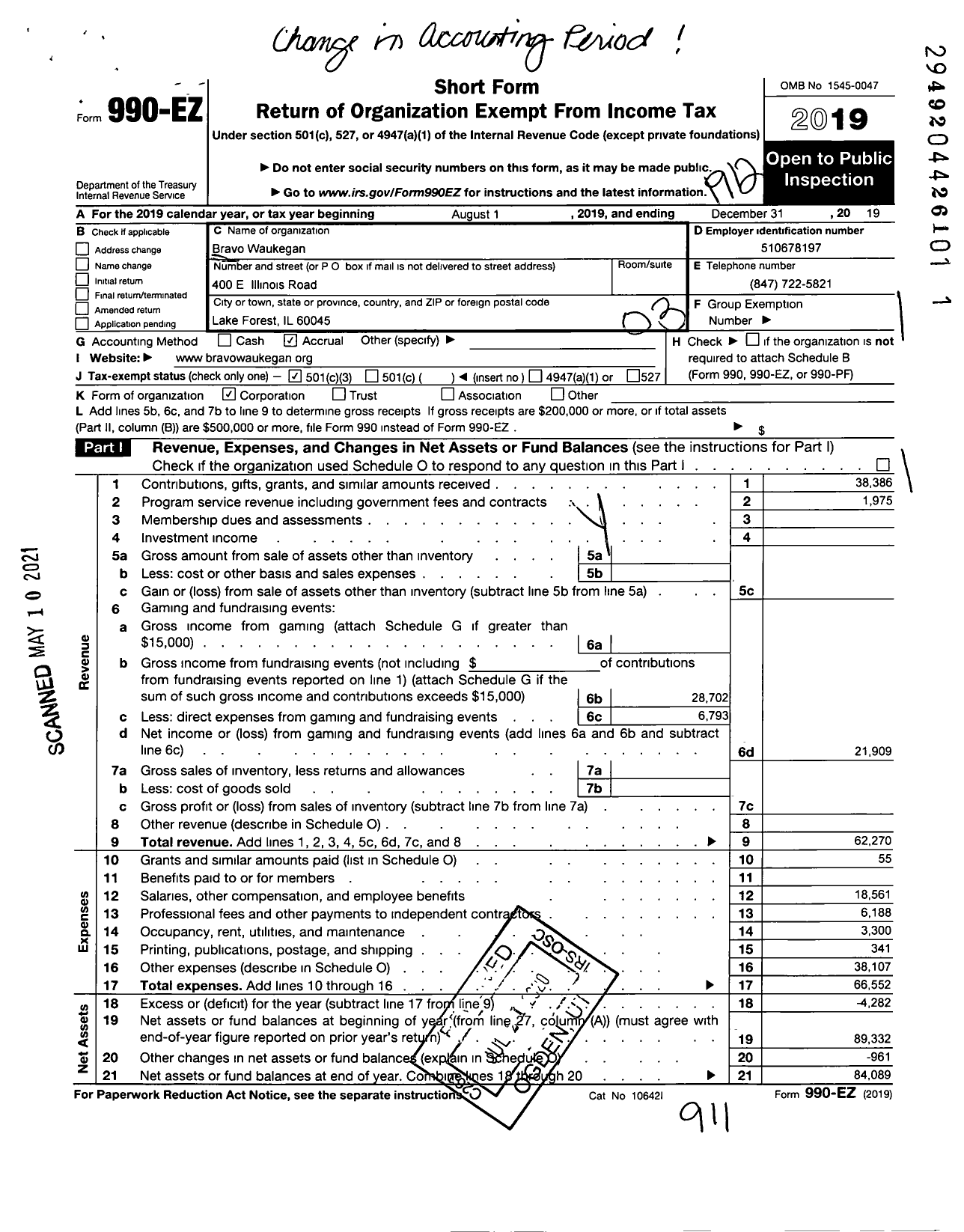 Image of first page of 2019 Form 990EZ for Bravo Waukegan