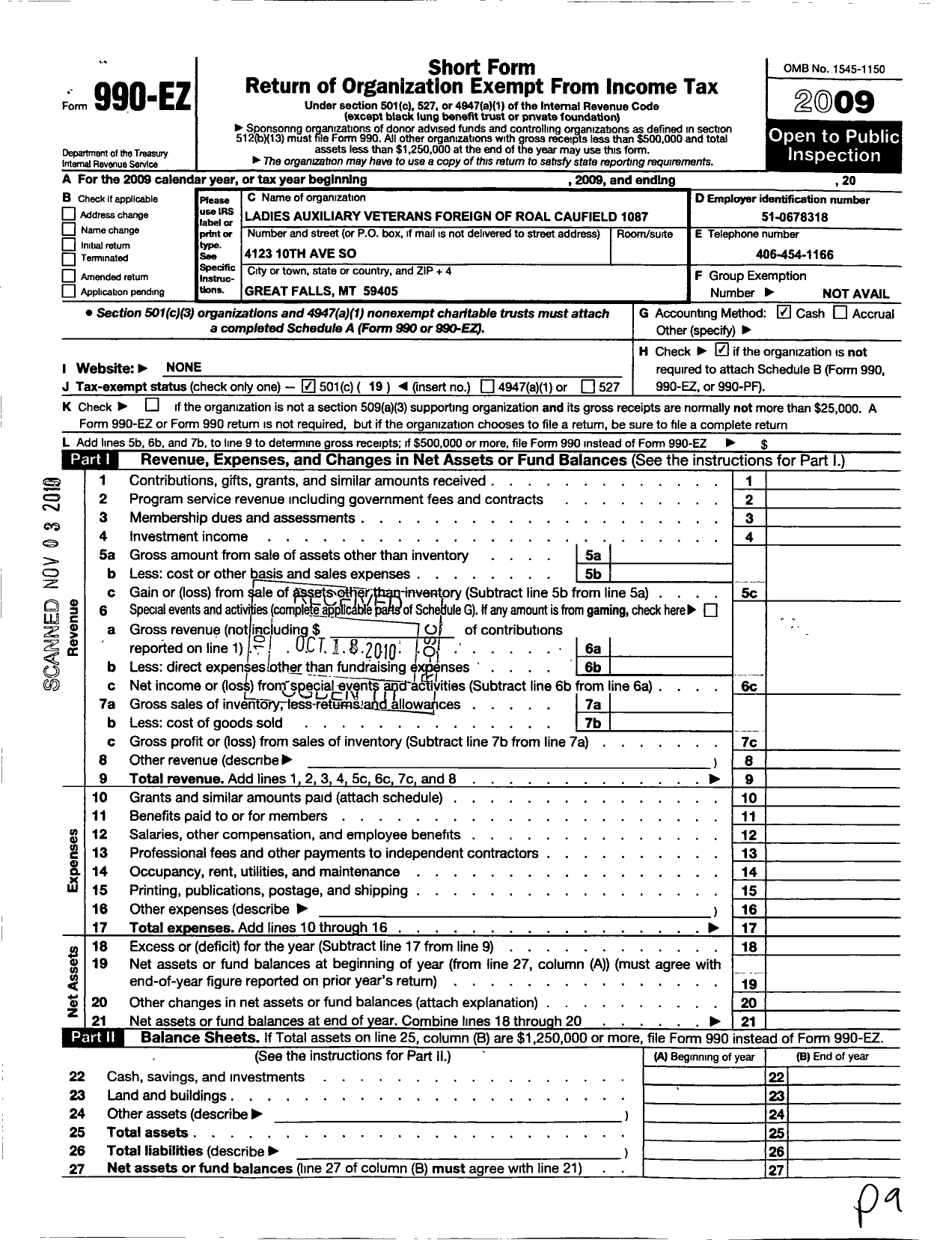 Image of first page of 2009 Form 990EO for Veterans of Foreign Wars of the United States Auxiliary Department - 1087 Royal A Caulfield Auxiliary