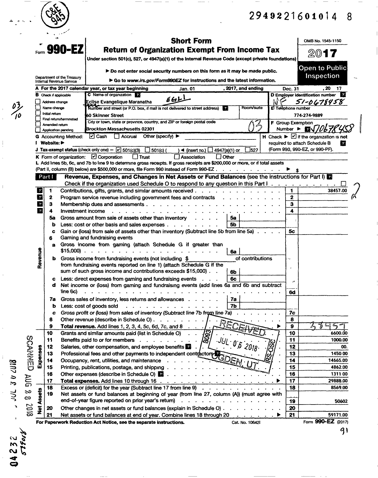 Image of first page of 2017 Form 990EZ for Eglise Evangelique Maranatha