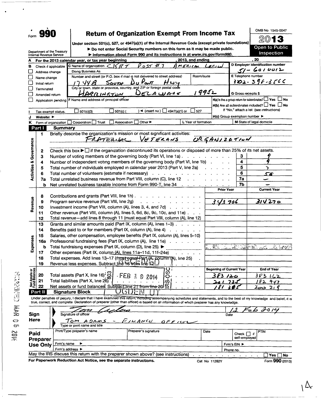 Image of first page of 2013 Form 990O for American Legion - 7 Callaway Kemp Raughley Tee Post