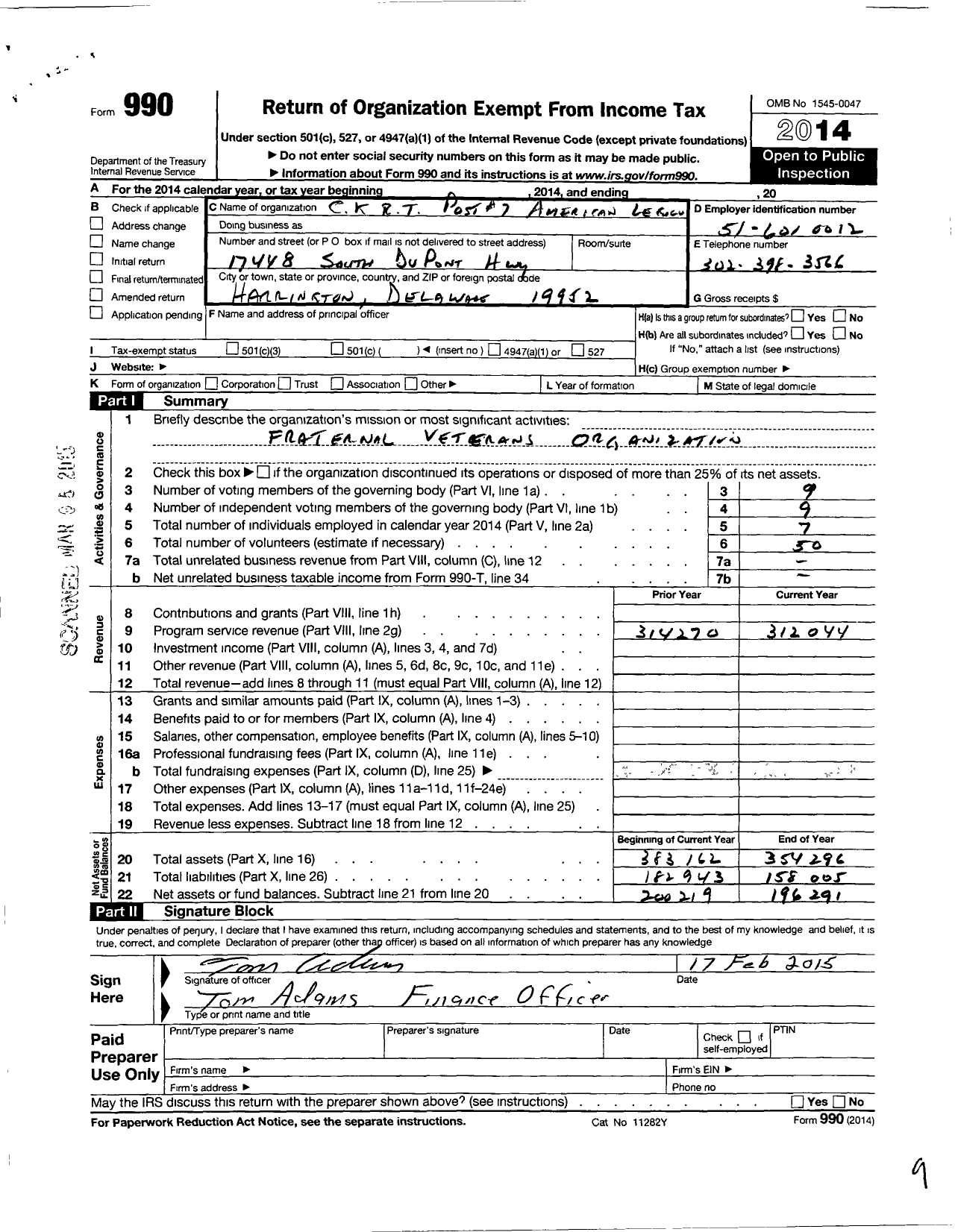 Image of first page of 2014 Form 990O for American Legion - 7 Callaway Kemp Raughley Tee Post