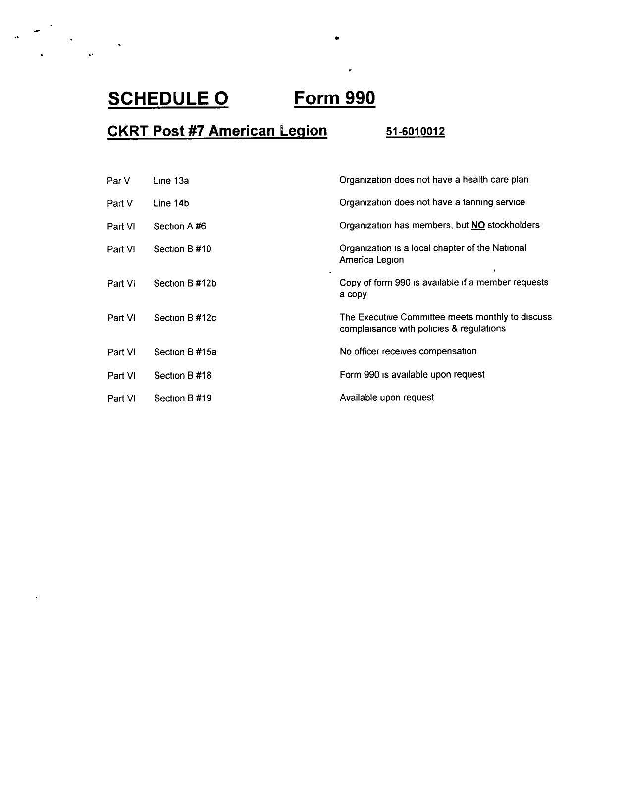 Image of first page of 2012 Form 990OR for American Legion - 7 Callaway Kemp Raughley Tee Post