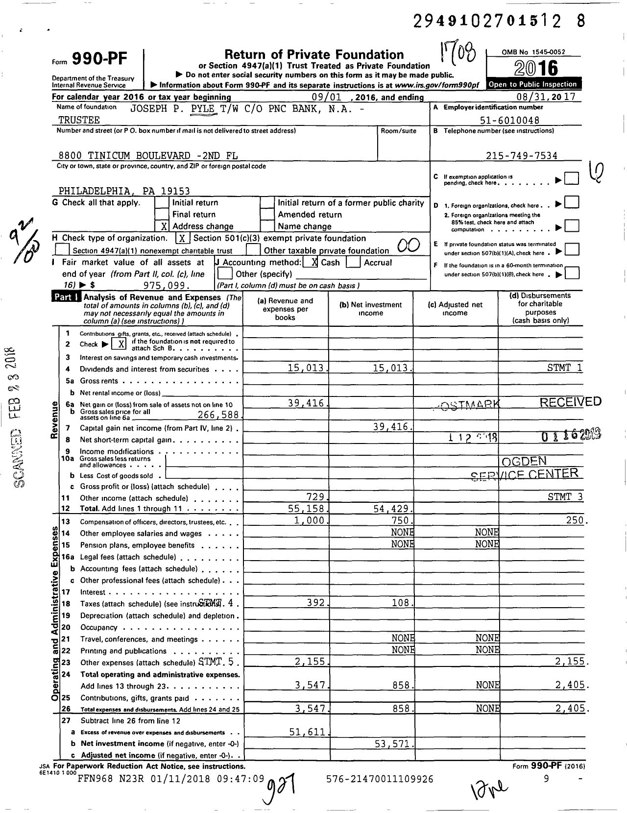 Image of first page of 2016 Form 990PF for Joseph P Pyle Scholarship Fund