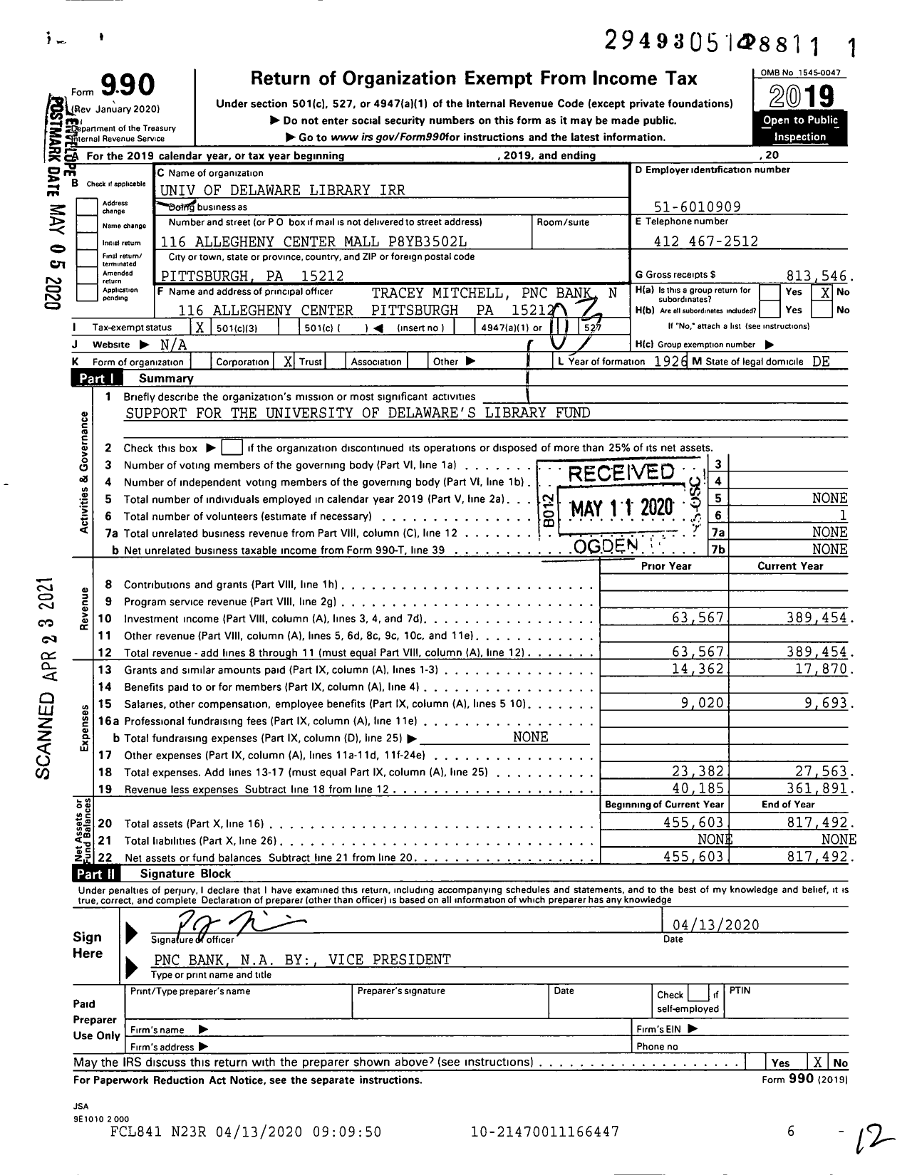 Image of first page of 2019 Form 990 for Univ of Delaware Library Irr