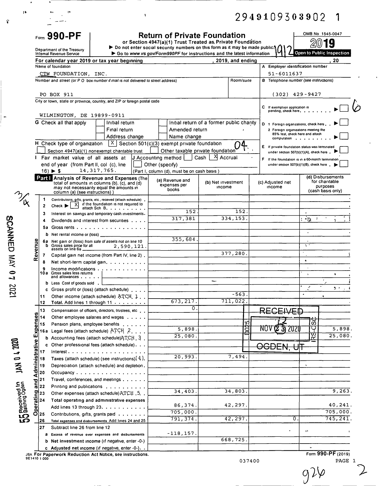 Image of first page of 2019 Form 990PF for CTW Foundation