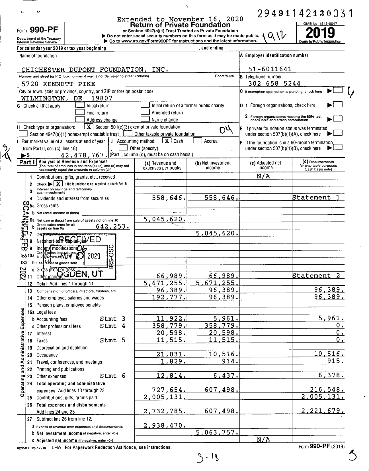 Image of first page of 2019 Form 990PF for Chichester Dupont Foundation