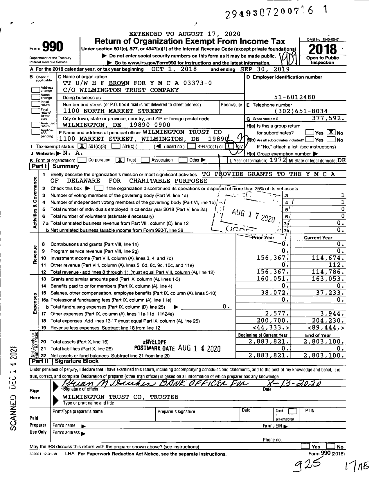 Image of first page of 2018 Form 990 for TT Uw H F Brown for Y M C A 003373-000