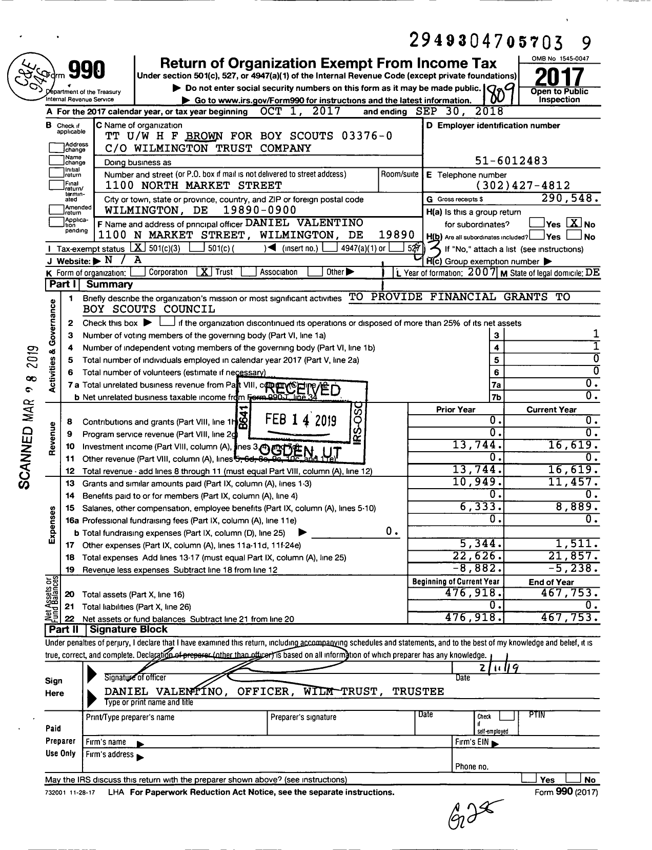 Image of first page of 2017 Form 990 for Boy Scouts of America - 81 Del-Mar-Va Council TR Fund