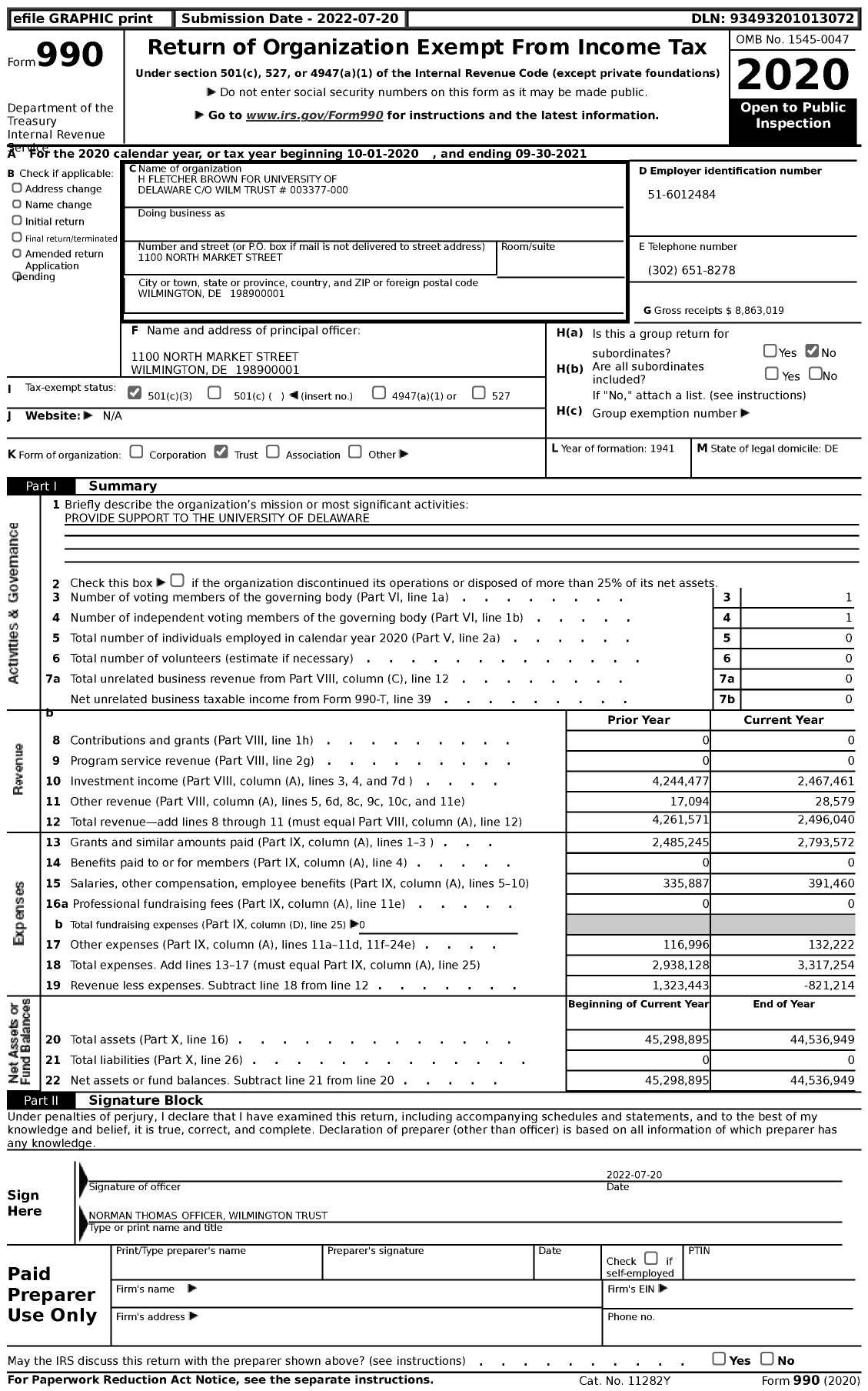 Image of first page of 2020 Form 990 for H Fletcher Brown for University of