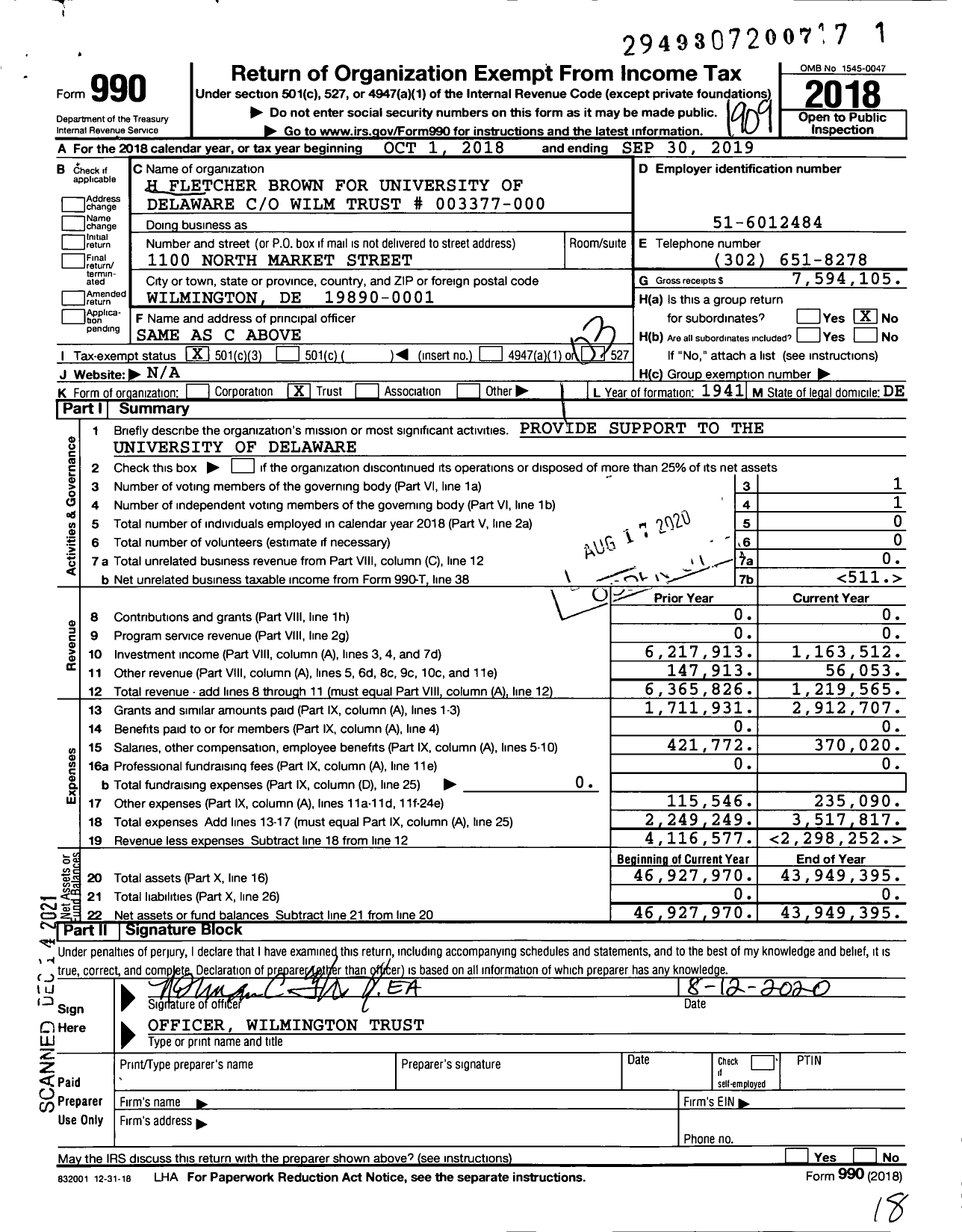 Image of first page of 2018 Form 990 for H Fletcher Brown for University of