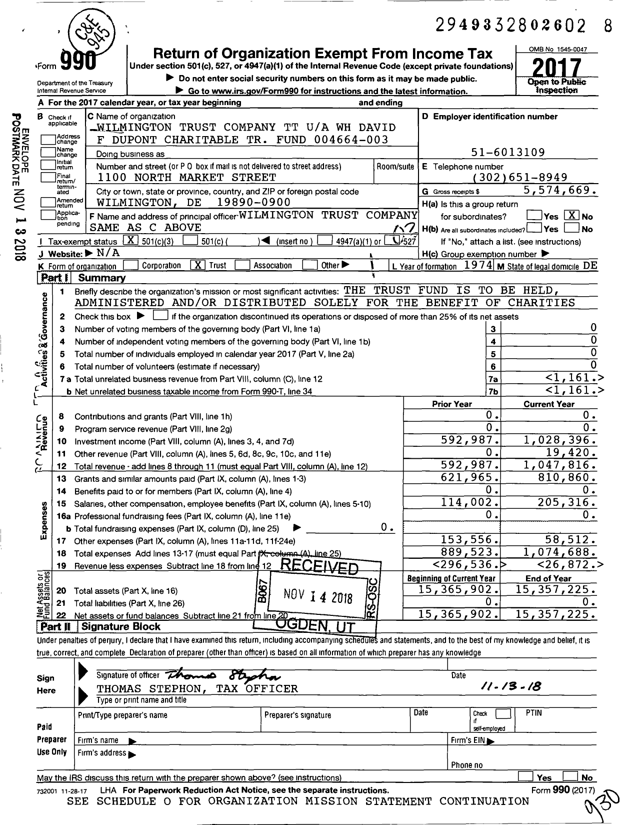 Image of first page of 2017 Form 990 for TT WH David F Dupont Charitable Trust