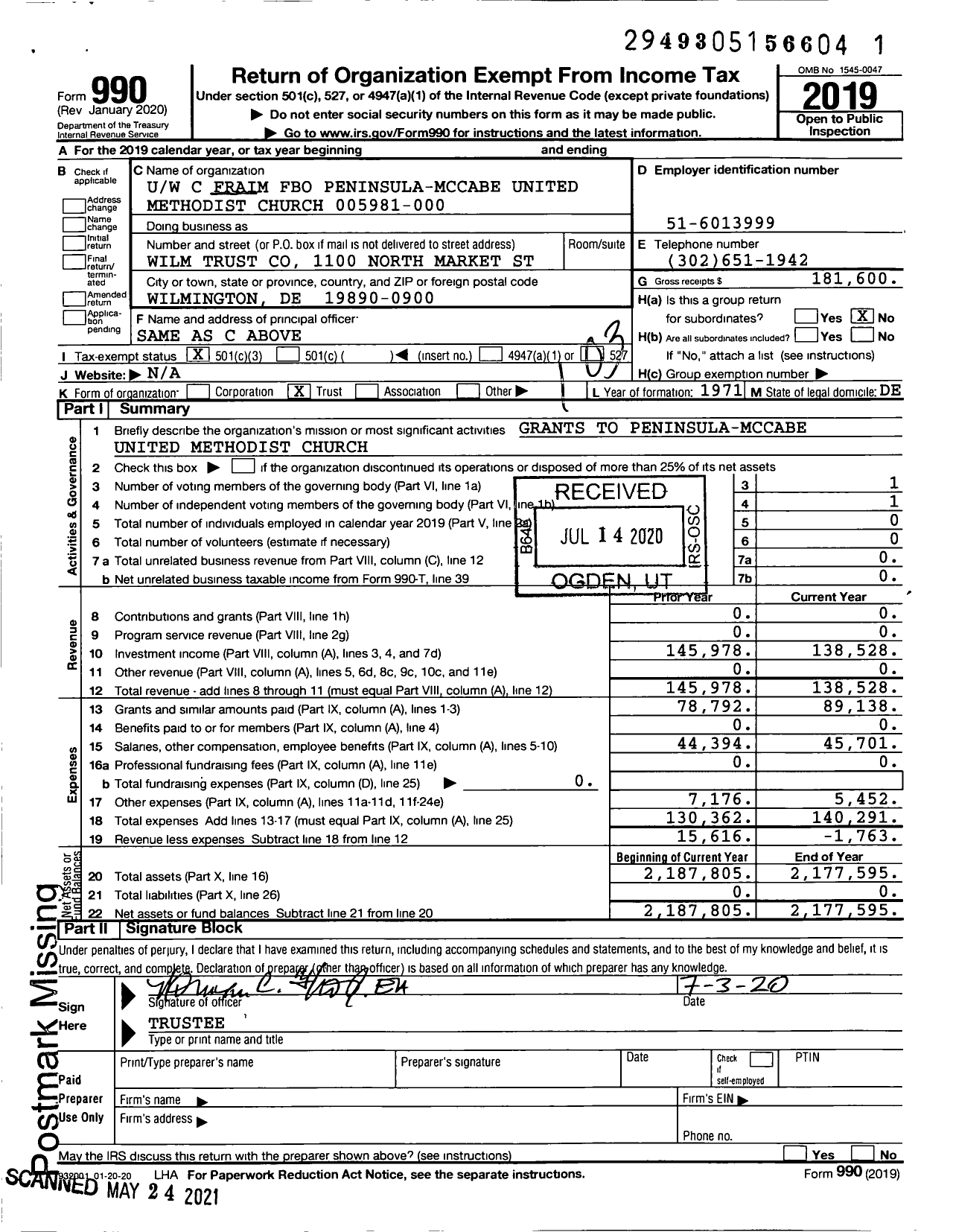 Image of first page of 2019 Form 990 for Uw C Fraim Fbo Peninsula-Mccabe United