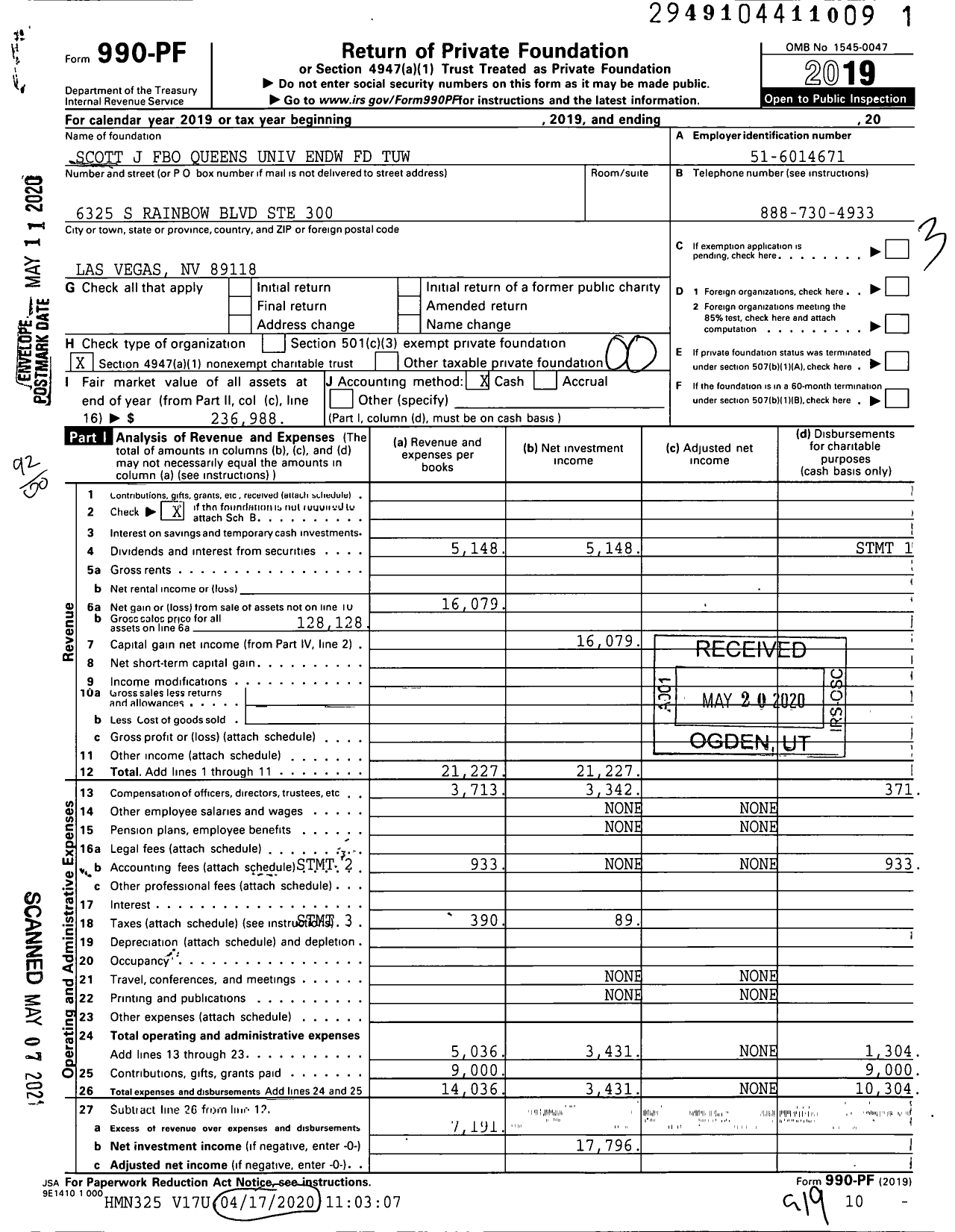 Image of first page of 2019 Form 990PF for Scott J Fbo Queens Univ Endw FD Tuw