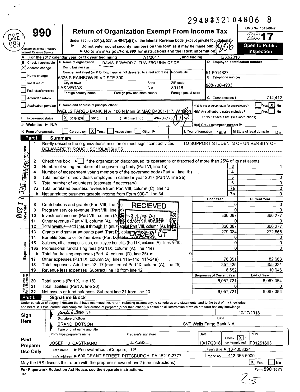 Image of first page of 2017 Form 990 for Davis Edward C Tuw Fbo Univ of de