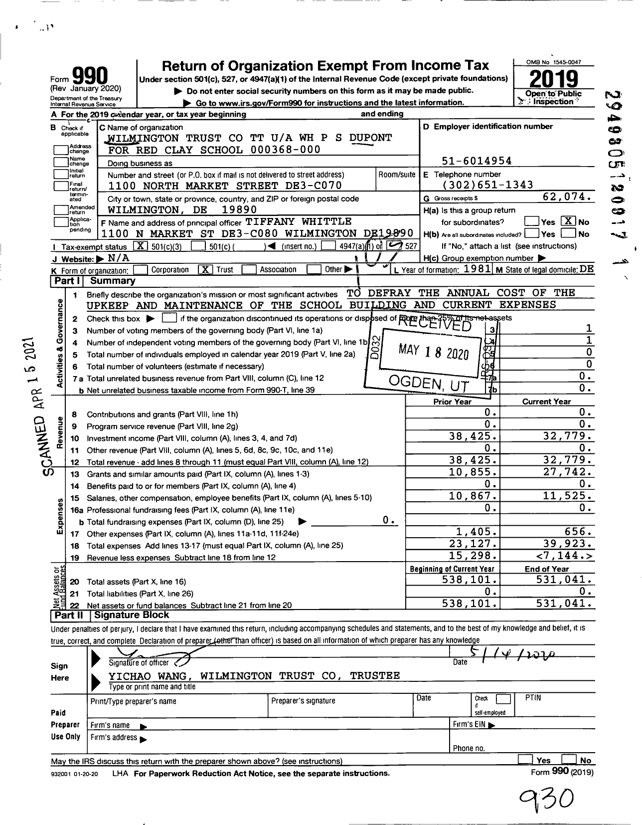 Image of first page of 2019 Form 990 for TT WH P S Dupont for Red Clay School