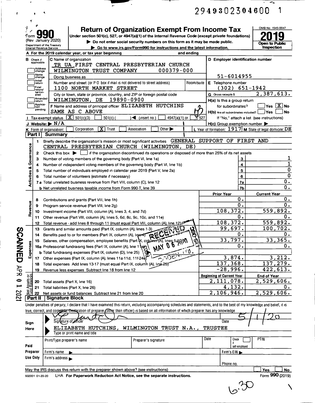 Image of first page of 2019 Form 990 for TR First Central Presbyterian Church