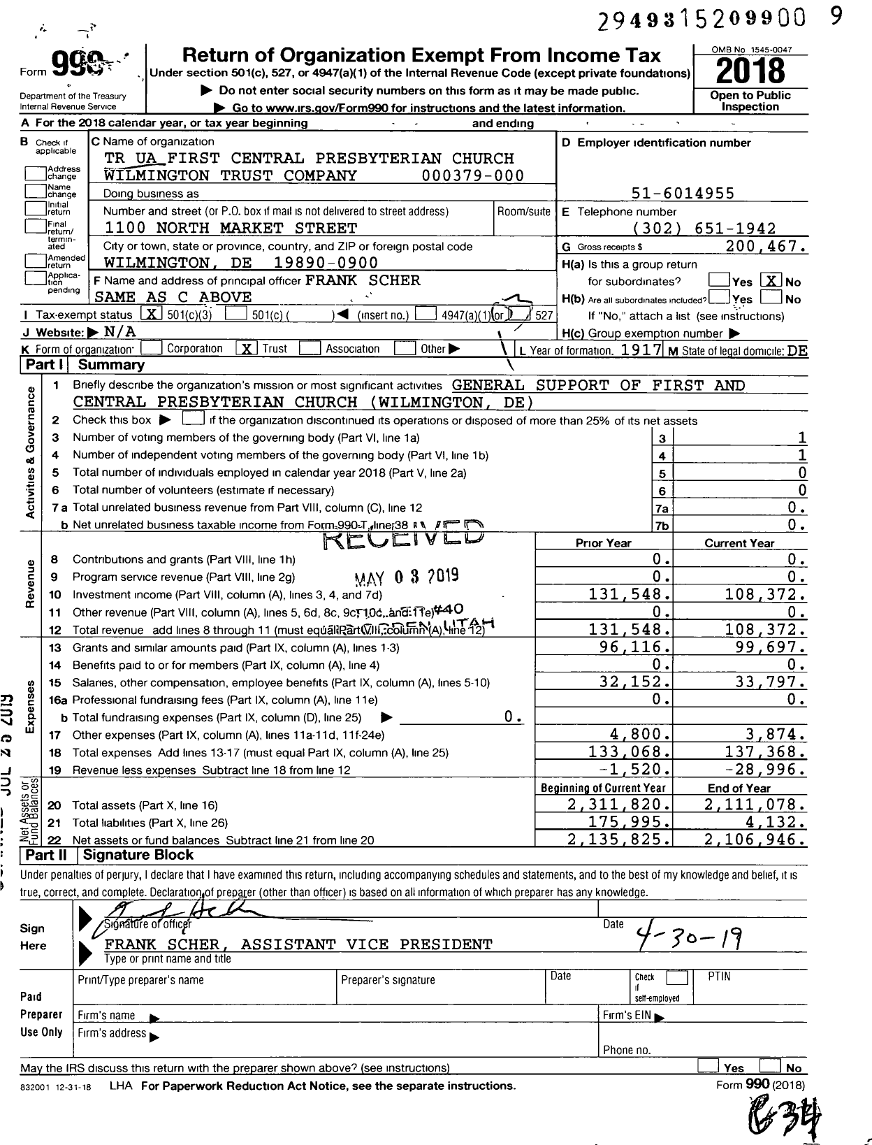 Image of first page of 2018 Form 990 for TR First Central Presbyterian Church