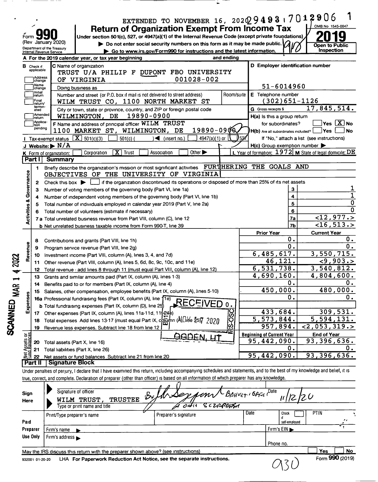 Image of first page of 2019 Form 990 for Trust Philip F Dupont FBO University