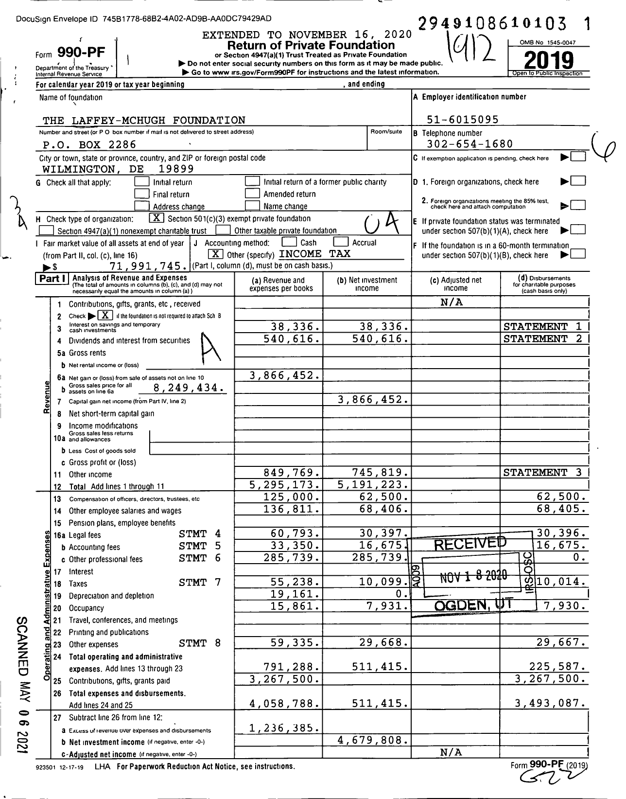 Image of first page of 2019 Form 990PF for Laffey-Mchugh Foundation