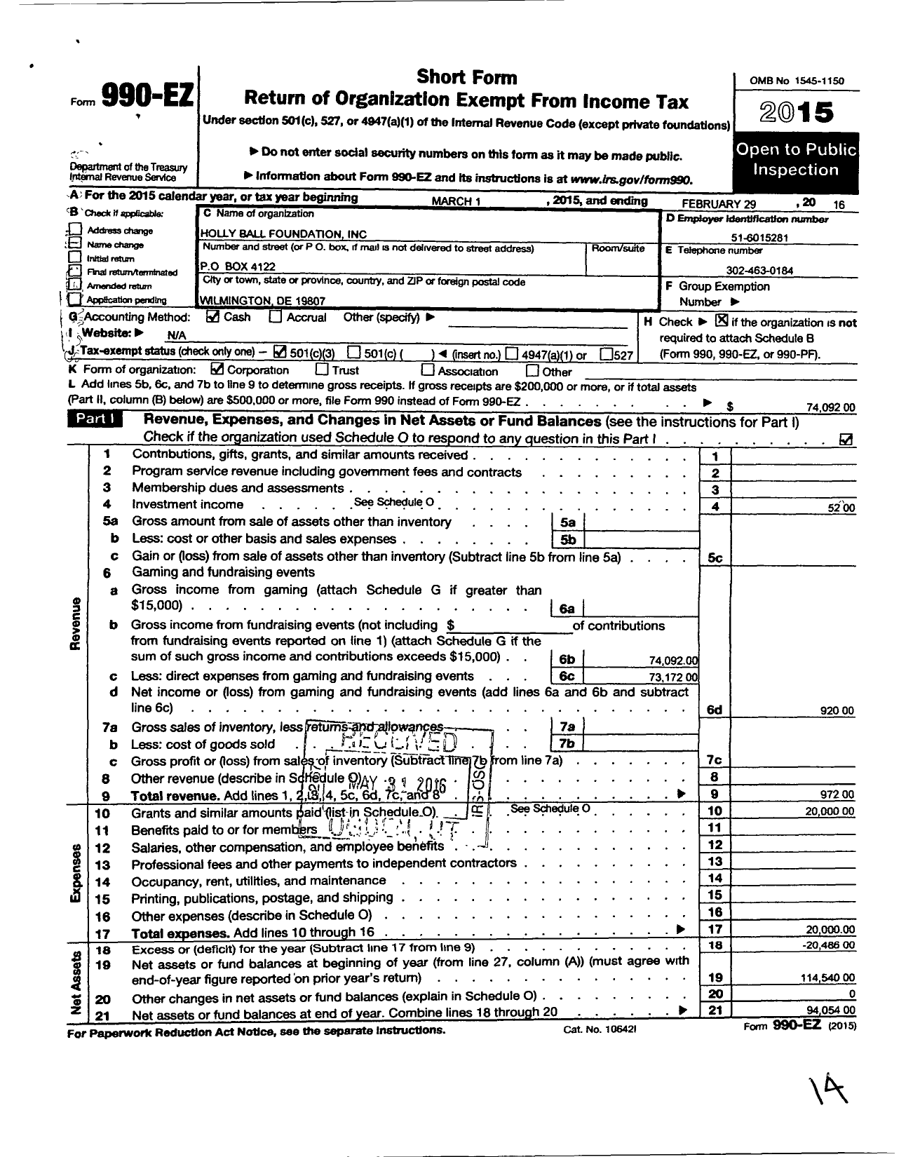 Image of first page of 2015 Form 990EZ for Holly Ball Foundation