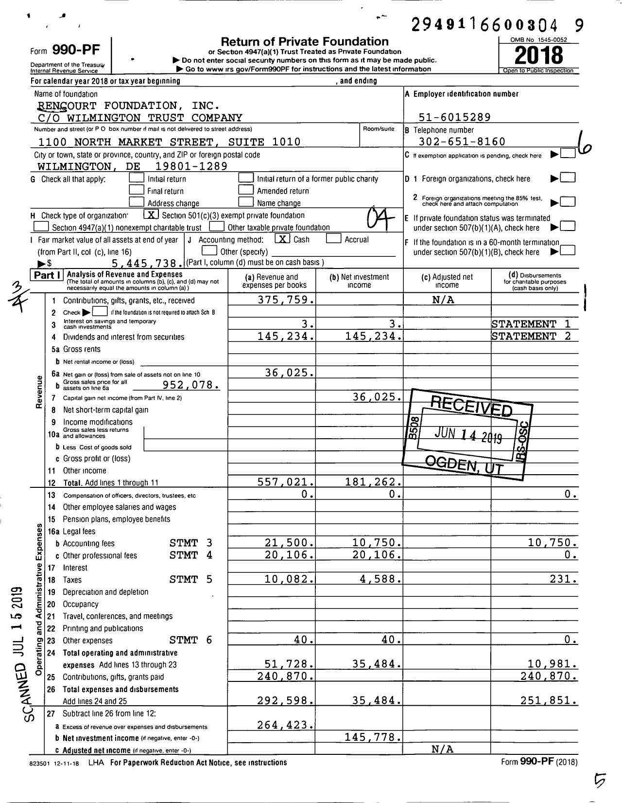 Image of first page of 2018 Form 990PF for Rencourt Foundation
