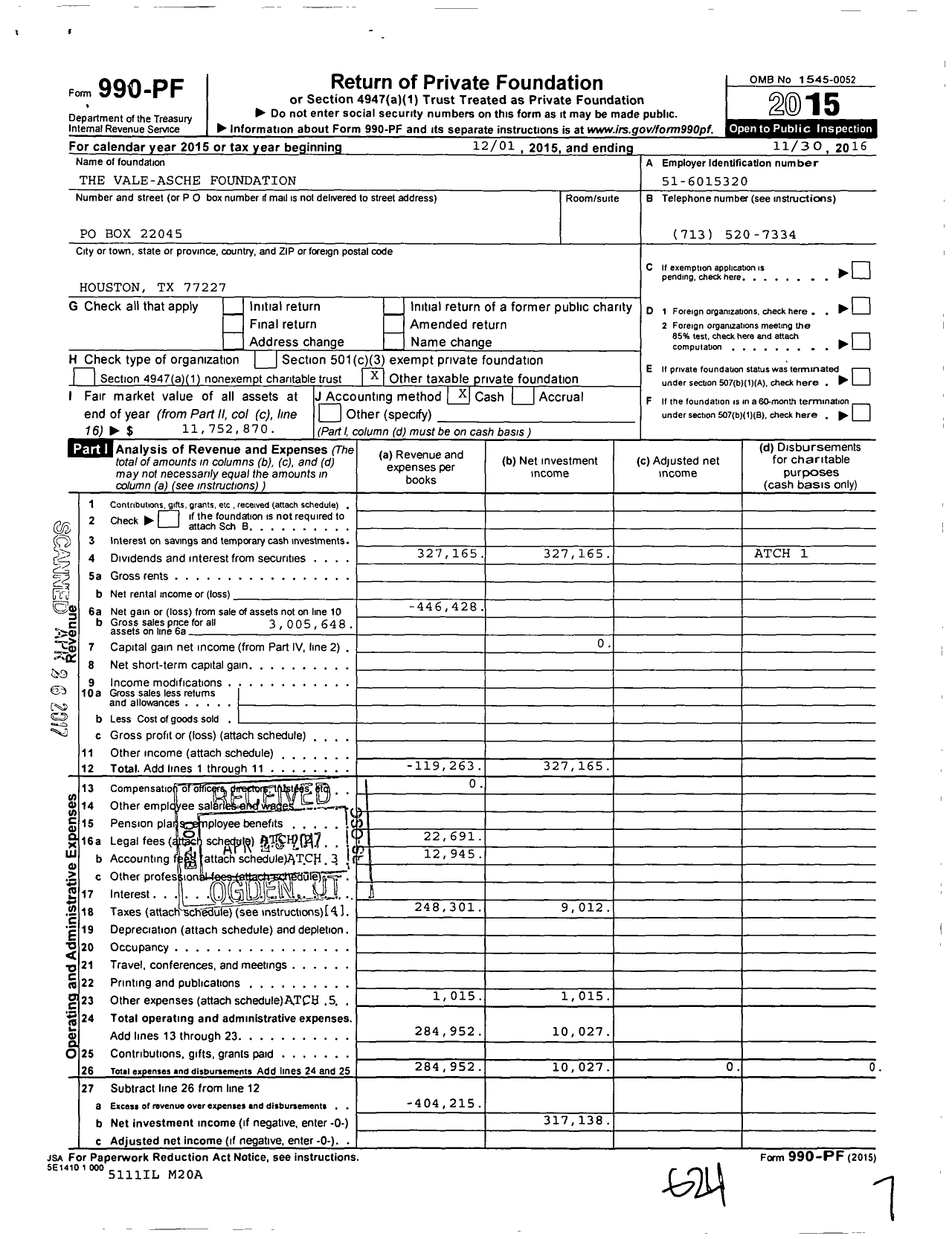 Image of first page of 2015 Form 990PF for The Vale-Asche Foundation