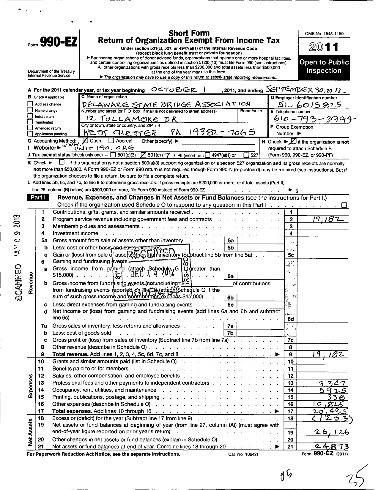 Image of first page of 2011 Form 990EO for Delaware State Bridge Association