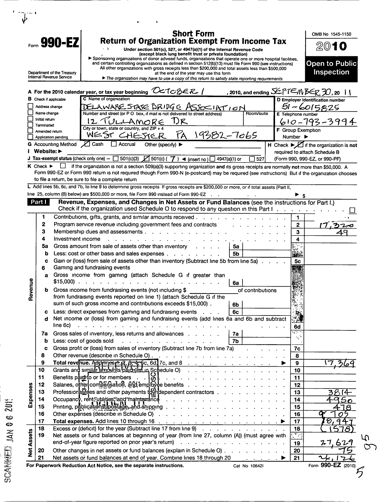 Image of first page of 2010 Form 990EO for Delaware State Bridge Association