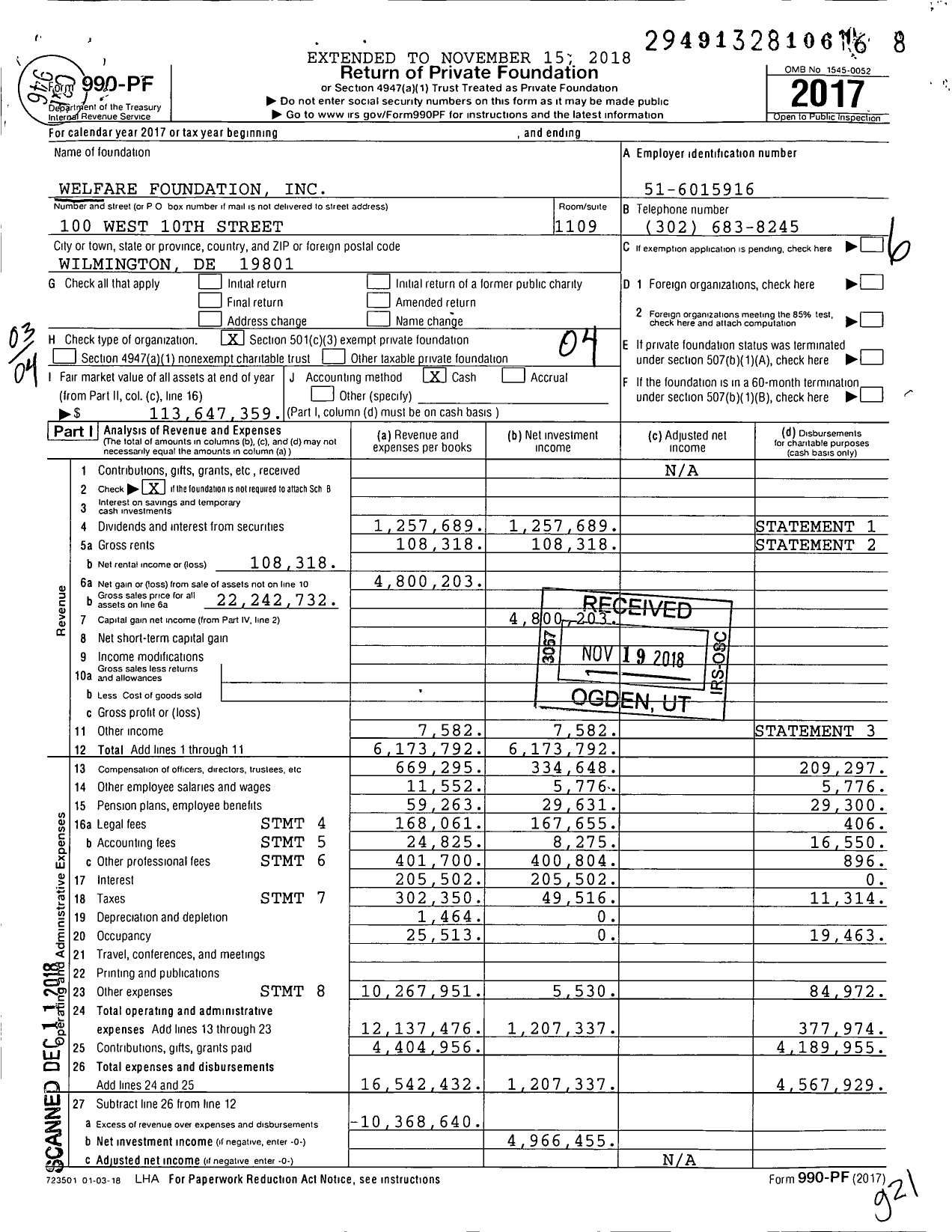 Image of first page of 2017 Form 990PF for Welfare Foundation