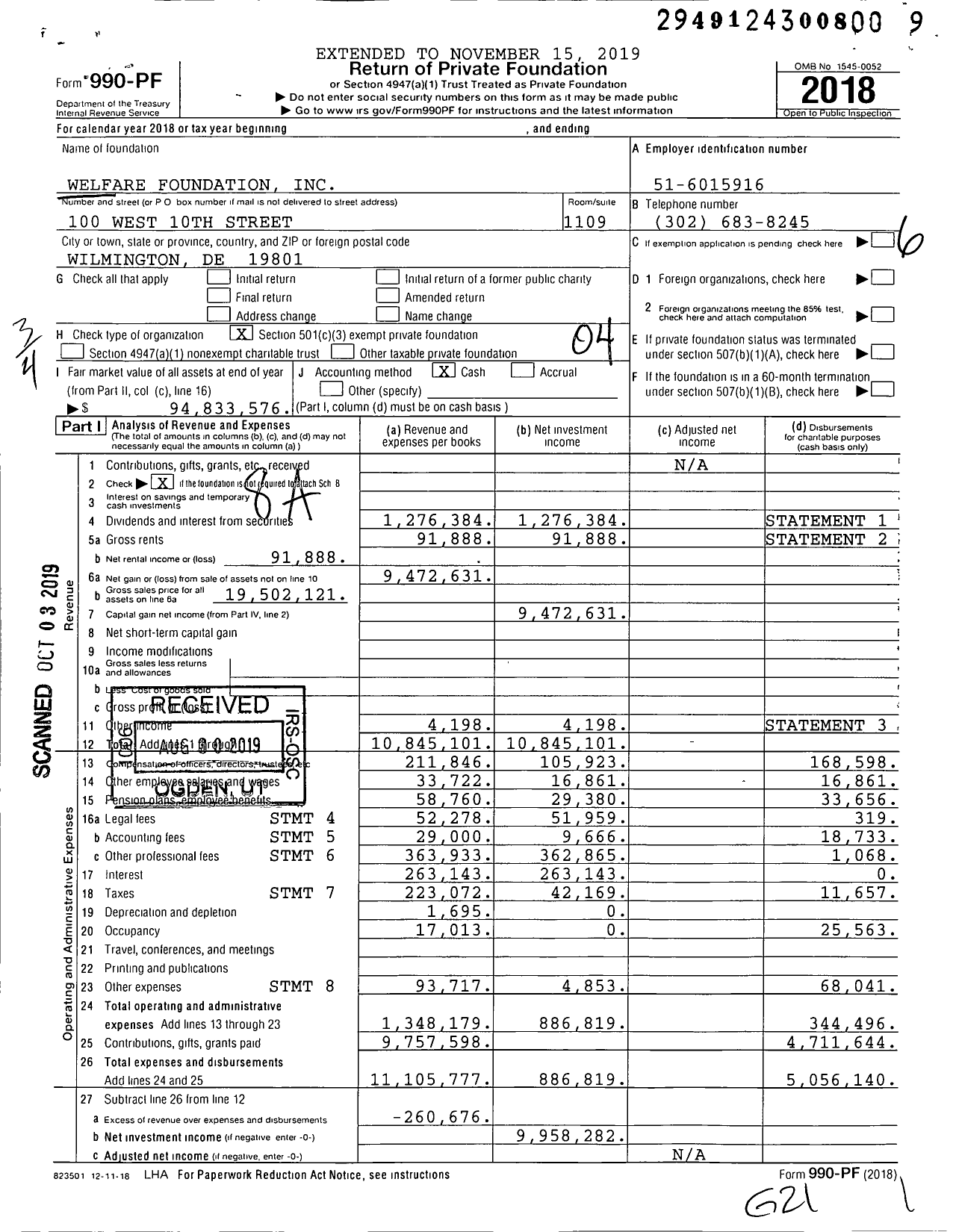 Image of first page of 2018 Form 990PF for Welfare Foundation