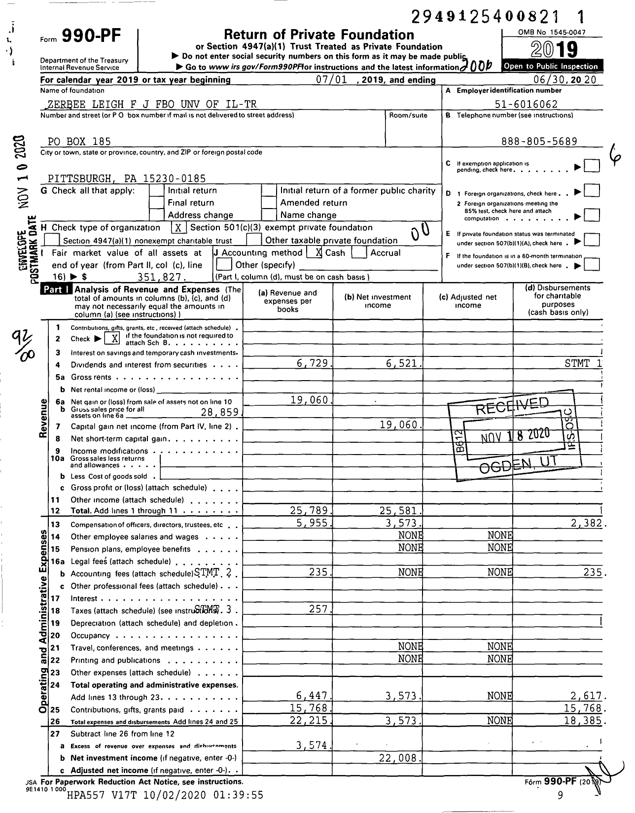 Image of first page of 2019 Form 990PF for Zerbee Leigh F J Fbo Unv of Il-Tr