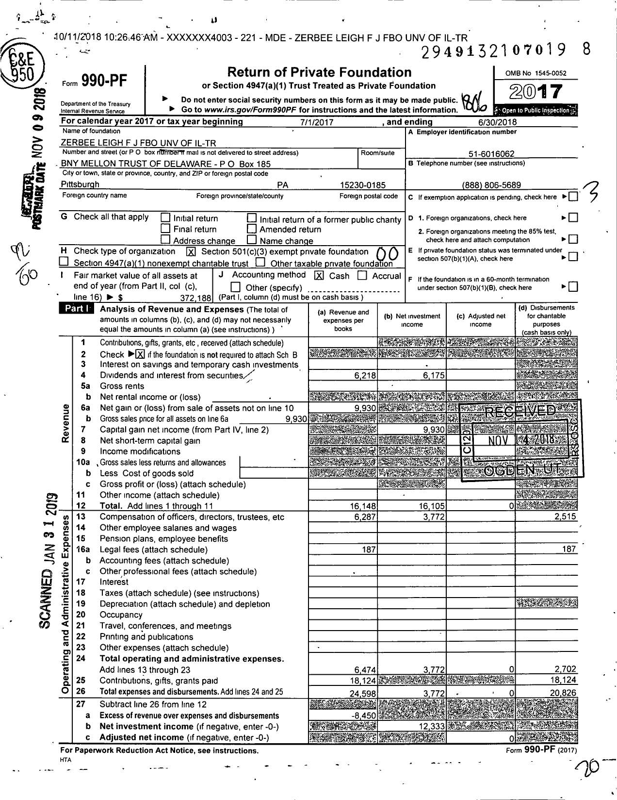 Image of first page of 2017 Form 990PF for Zerbee Leigh F J Fbo Unv of Il-Tr