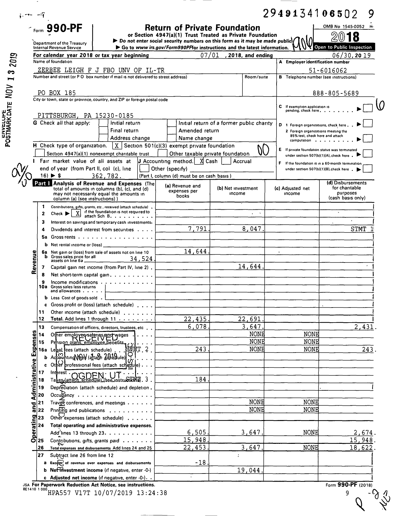 Image of first page of 2018 Form 990PF for Zerbee Leigh F J Fbo Unv of Il-Tr