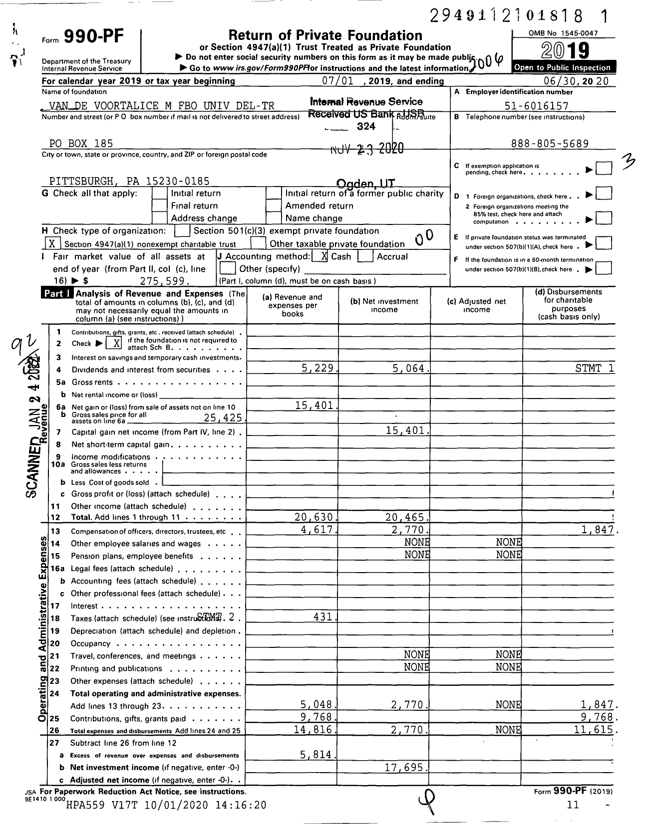 Image of first page of 2019 Form 990PF for Van de Voortalice M Fbo Univ Del-Tr