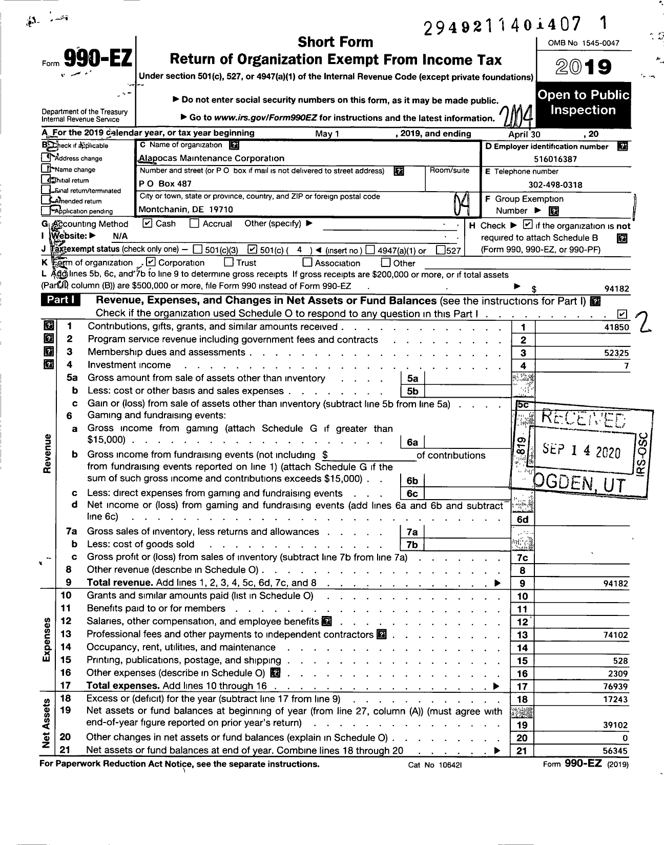 Image of first page of 2019 Form 990EO for Alapocas Maintenance Corporation