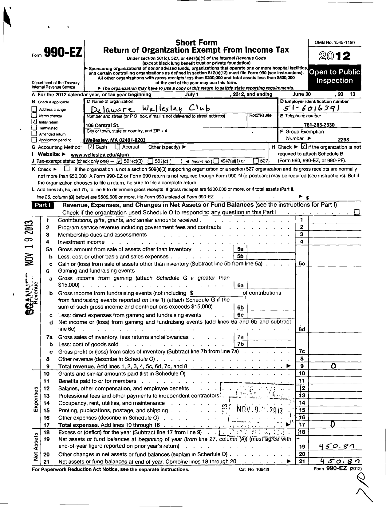 Image of first page of 2012 Form 990EZ for Delaware Wellesley Club