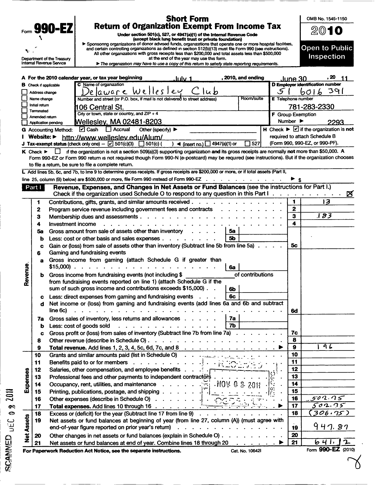 Image of first page of 2010 Form 990EZ for Delaware Wellesley Club